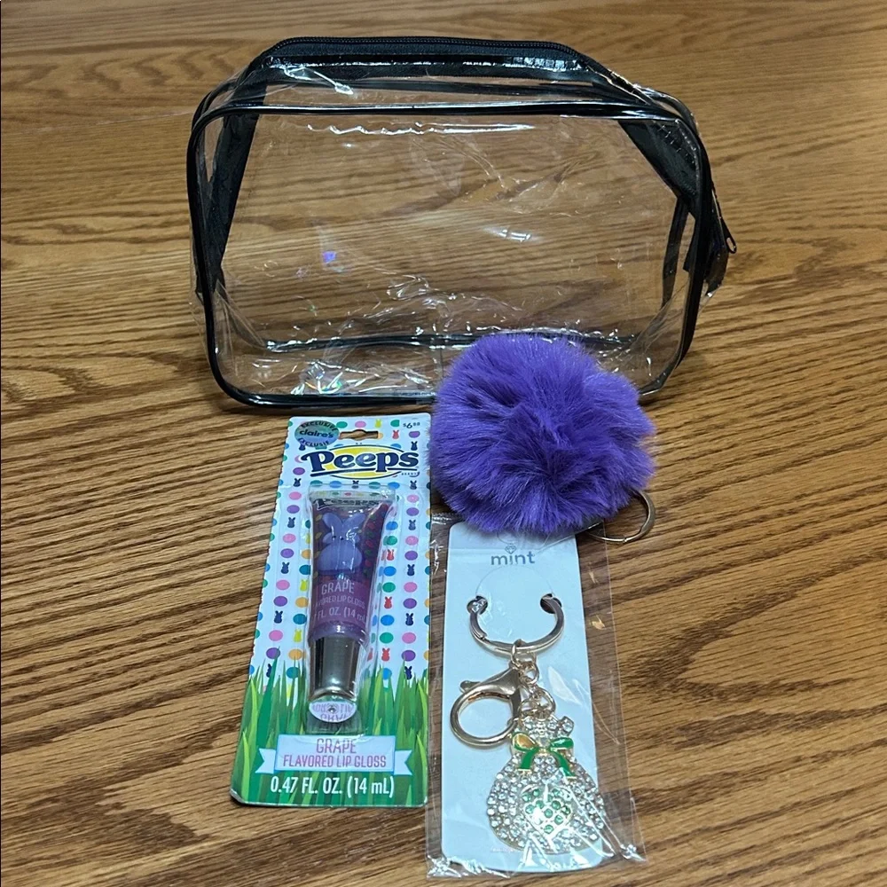 Clear cosmetic bag with 2 bag charms and grape lip gloss. NIP
